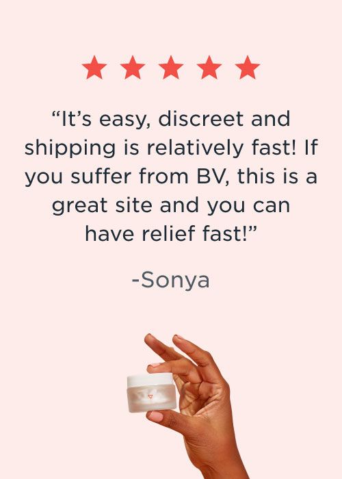 A patient review for BV treatment with a hand holding a small Wisp glass pill jar