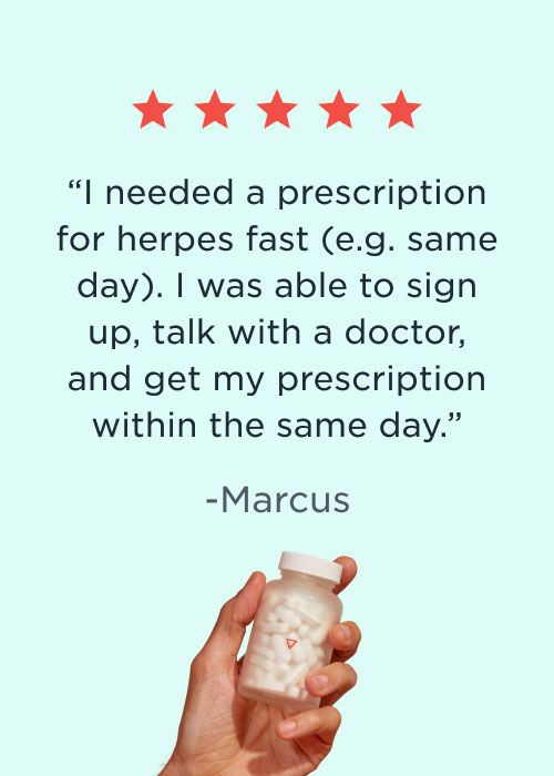 A patient review for Herpes treatment with a hand holding a tall glass Wisp pill jar