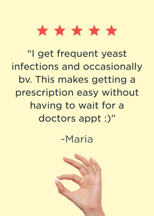 A patient review for yeast infection treatment with a hand holding a Fluconazole pill