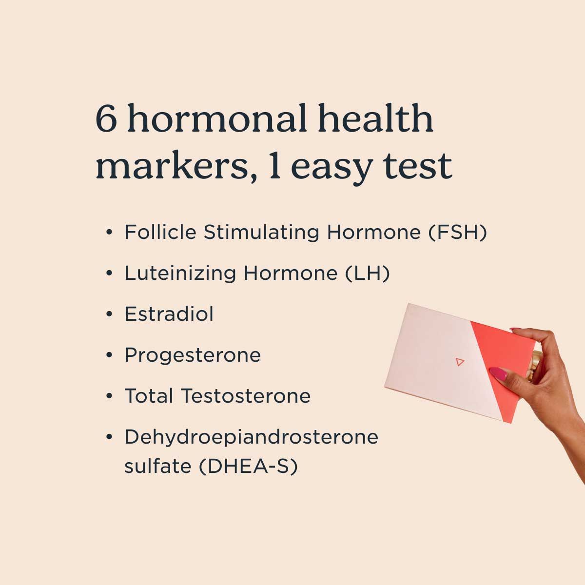 A woman's hand holding a Wisp diagnostics kit with information about the 6 hormonal health markers the kit tests for