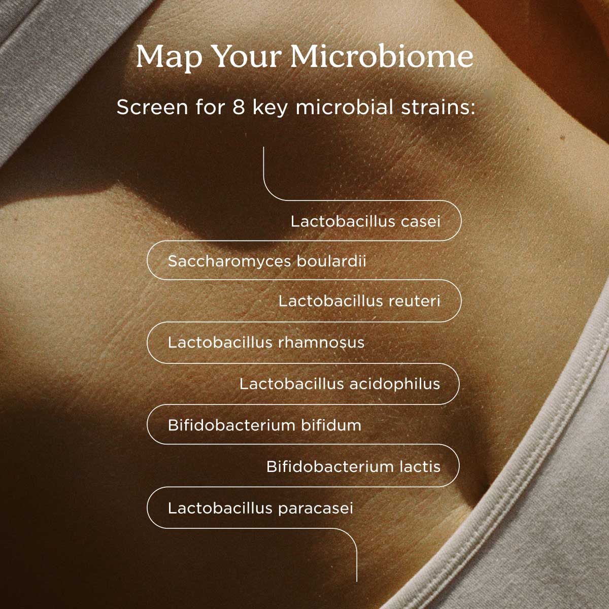 A woman's abdomen with a diagram listing the microbiome strains the Wisp Gut Health Panel tests for