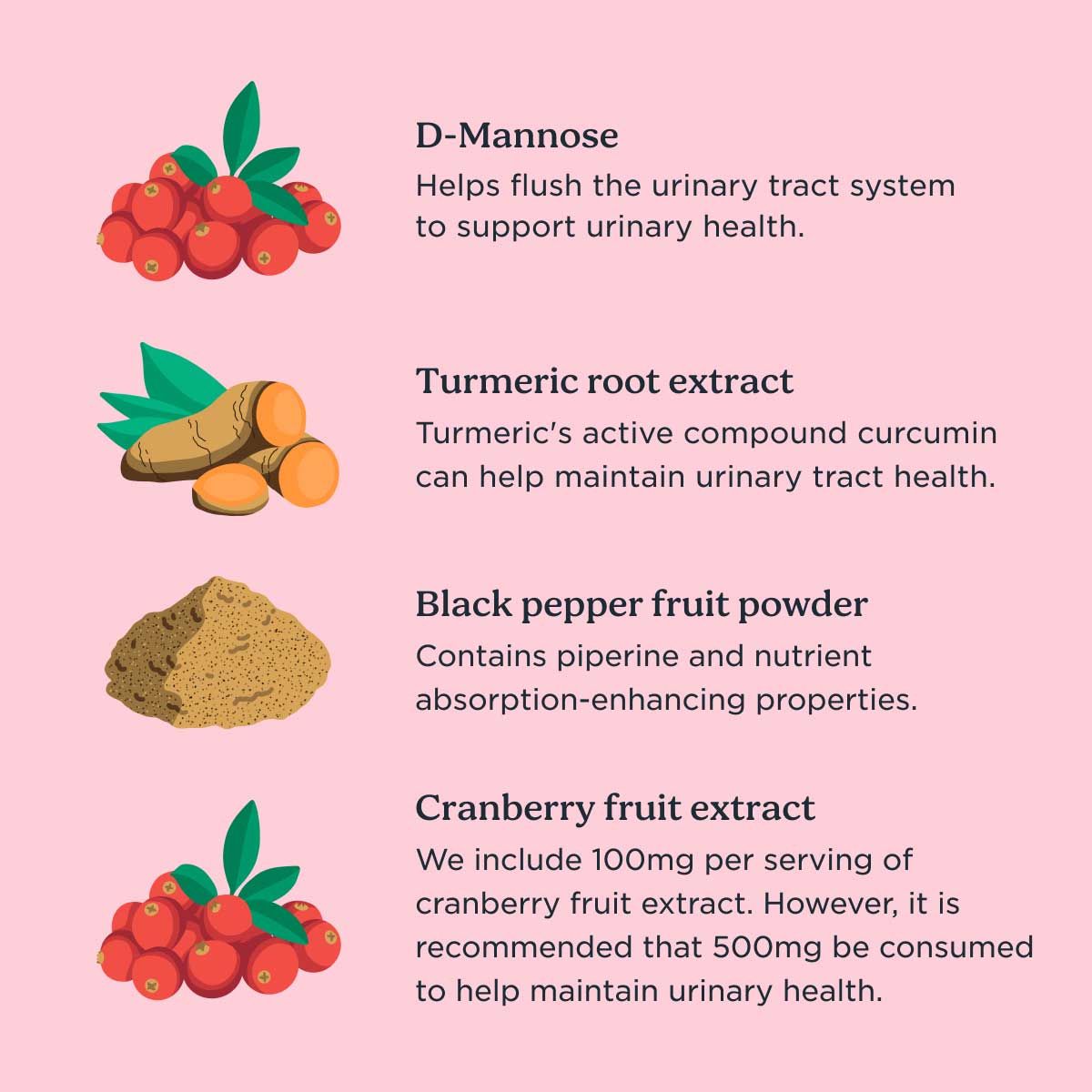 A graphic with ingredient highlights for the Wisp Urinary Tract Cleansing Duo on a pink background