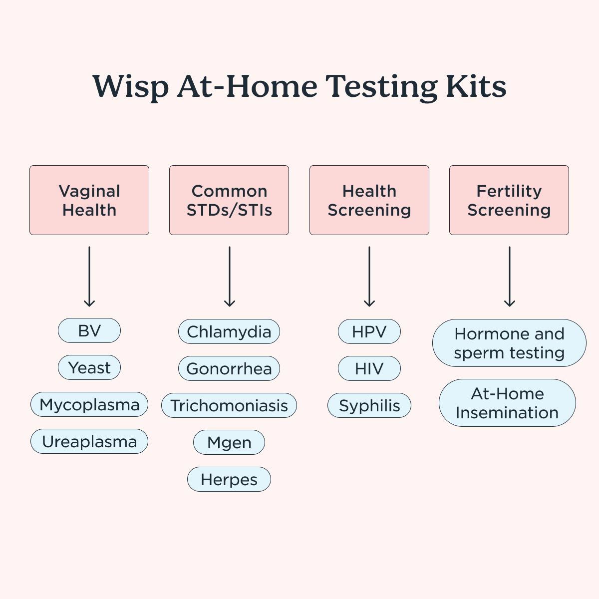 A diagram showing the different types of at-home diagnostic testing kits that Wisp offers