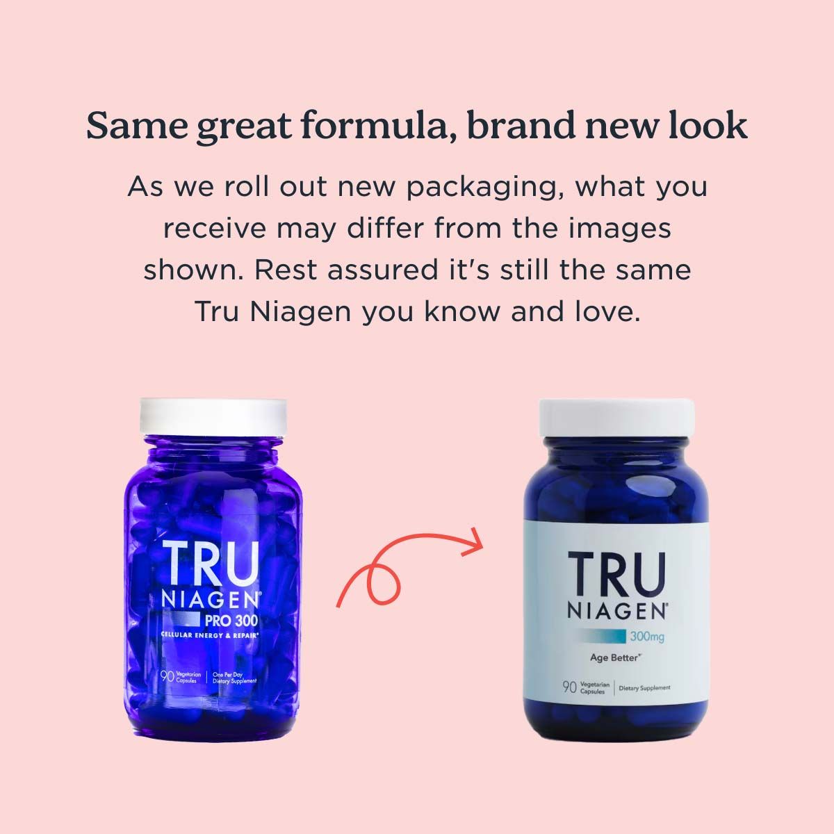 Two Tru Niagen bottles comparing updated packaging in front of a pink background