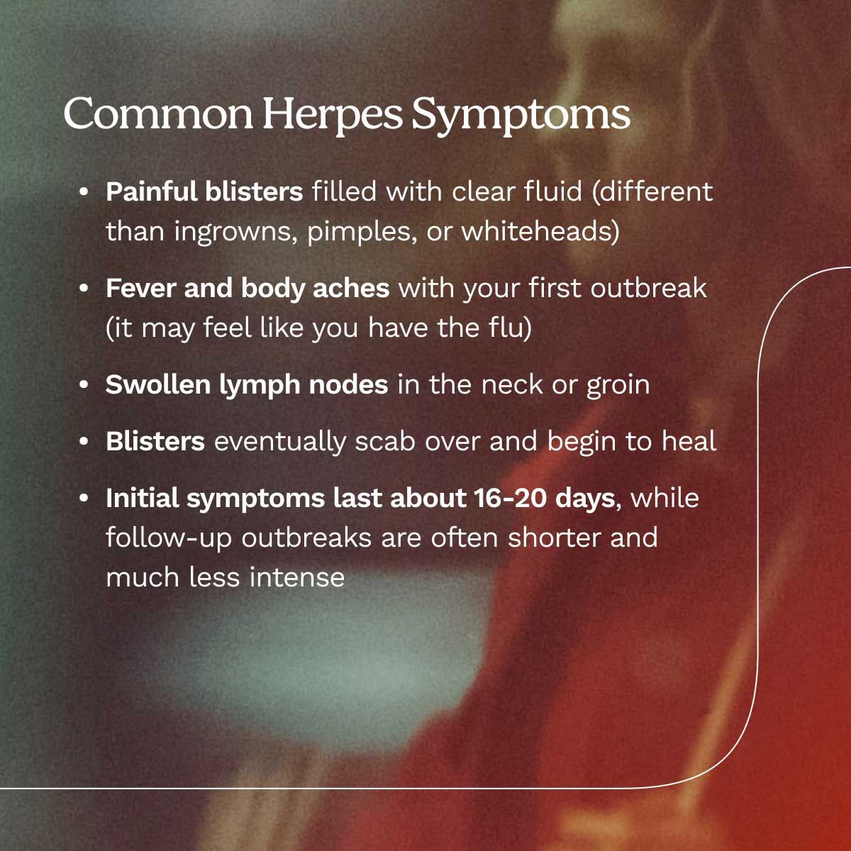 Common herpes symptoms overlaid on an image of a woman with motion blur