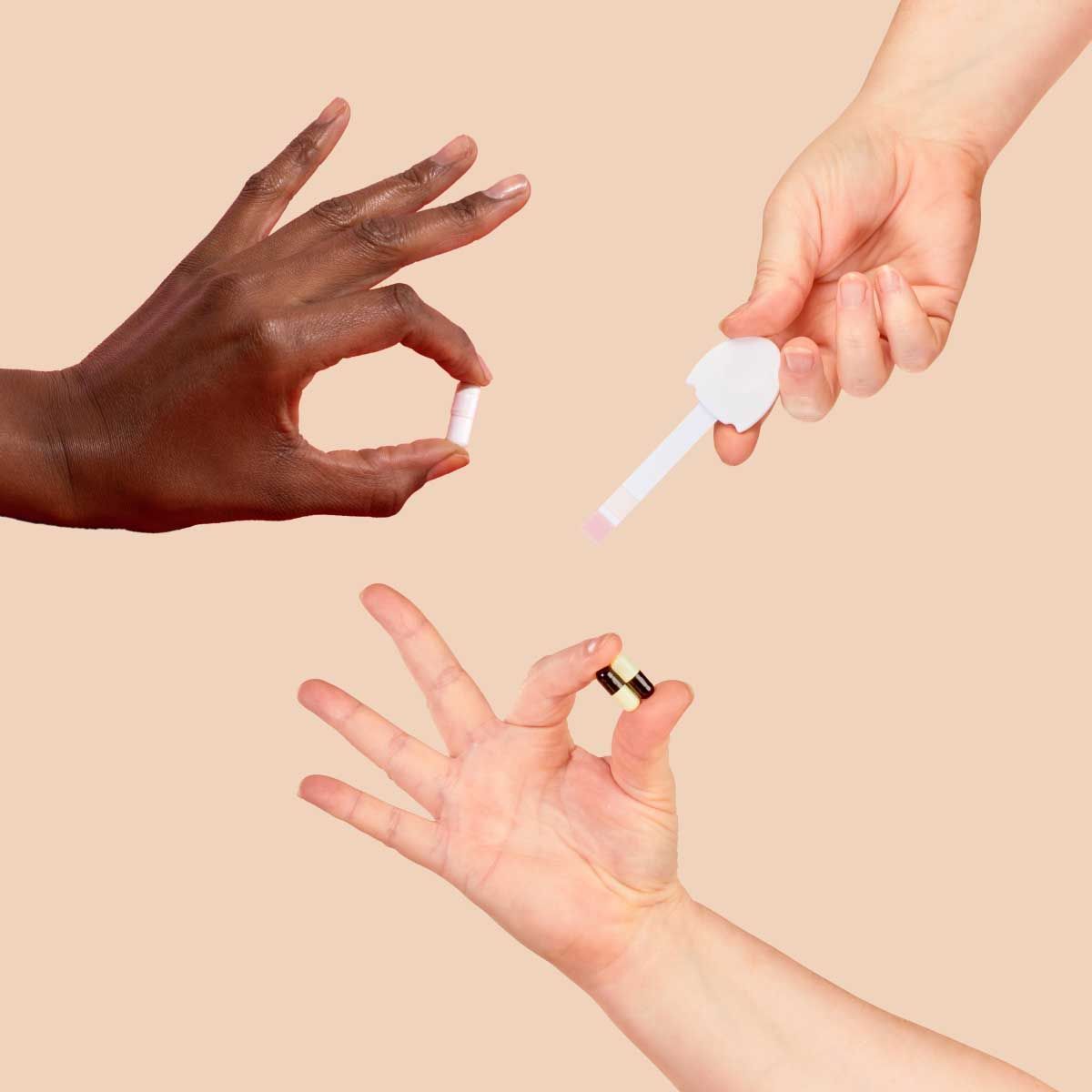 Various Wisp products in people's hands with a cream background