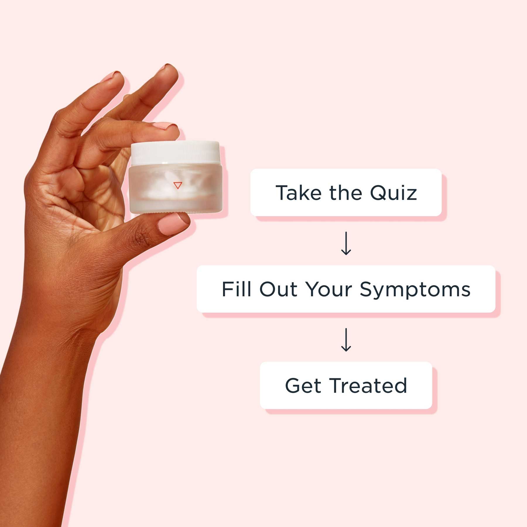 A woman's hand hold a Wisp glass pill jar with prompts on how to take the quiz to find out if you have BV or a Yeast Infection