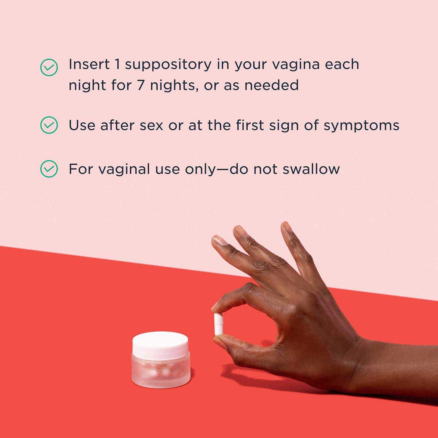 A graphic explaining how to use Boric Acid suppositories with an image of a hand holding a Boric Acid pill next to a small glass pill jar on a red surface with a pink background