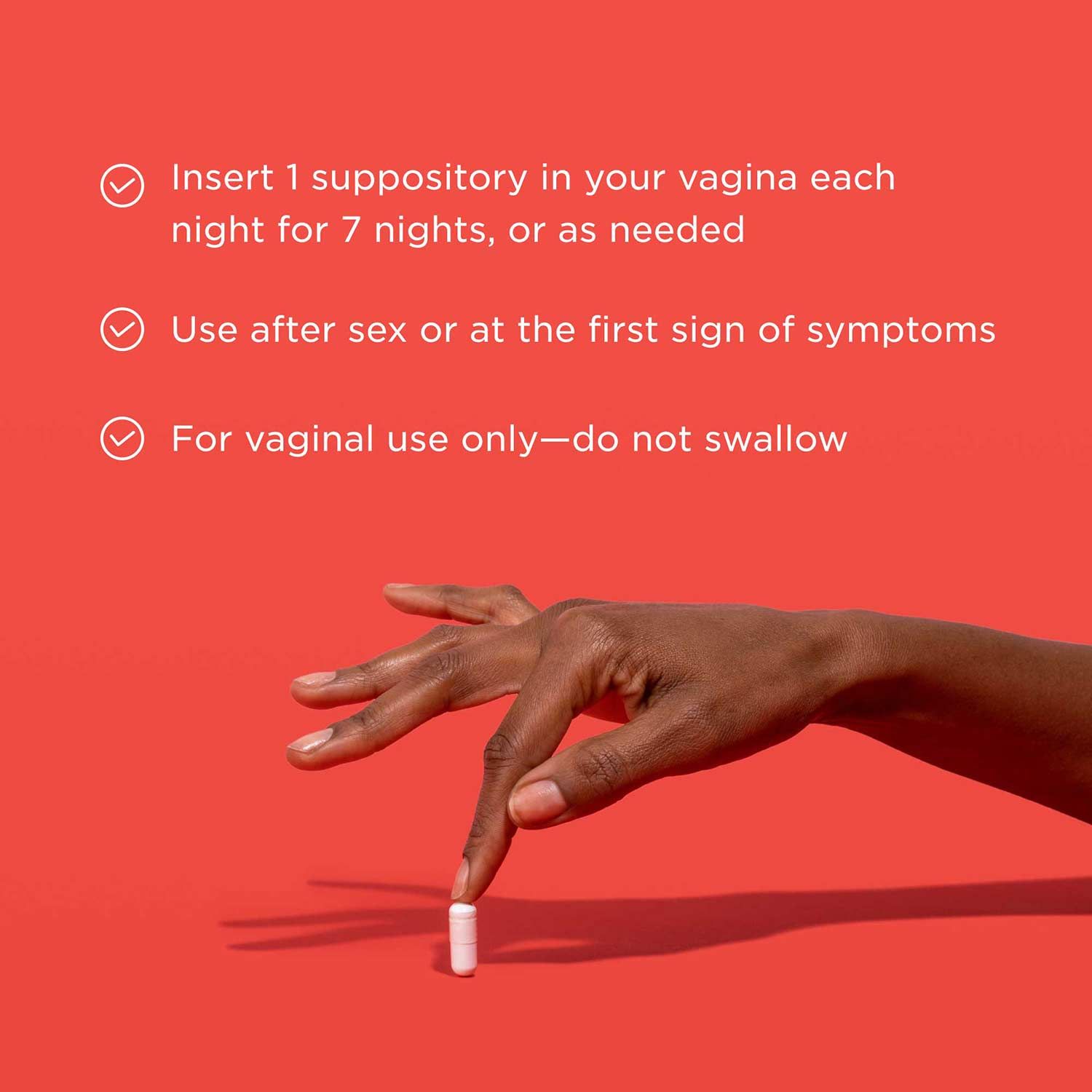 A graphic explaining how to use Boric Acid suppositories with an image of a hand holding a Boric Acid pill next to a small glass pill jar on a red surface