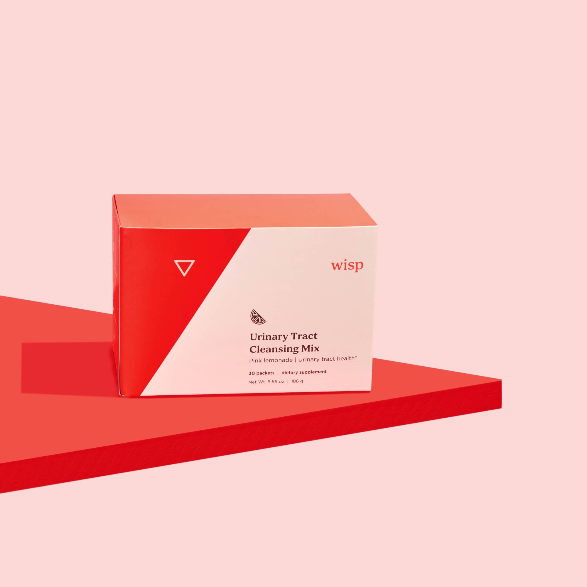 Wisp Urinary Tract Cleansing Mix on a red surface with a pink background
