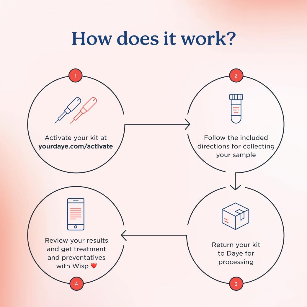 A graphic showing the steps needed for Daye's Vaginal Microbiome Test Kit