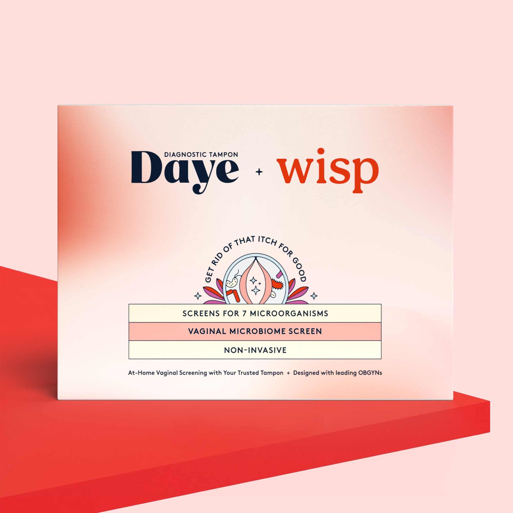 Daye's At-Home Vaginal Microbiome Testing Kit box on a red surface with a pink background