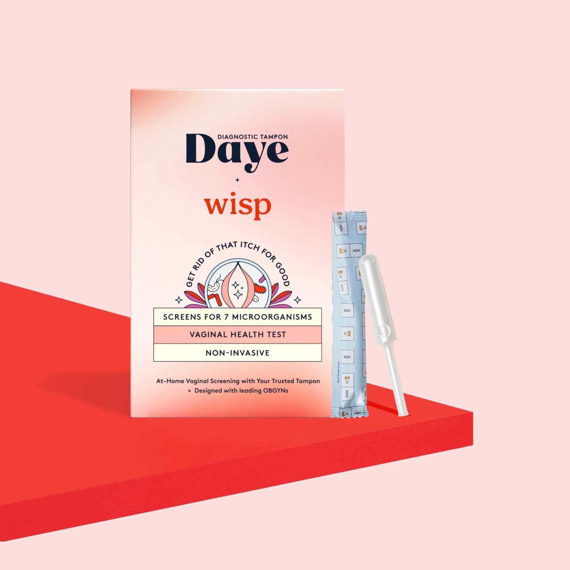Daye's At-Home Vaginal Microbiome Testing Kit box on a red surface with a pink background