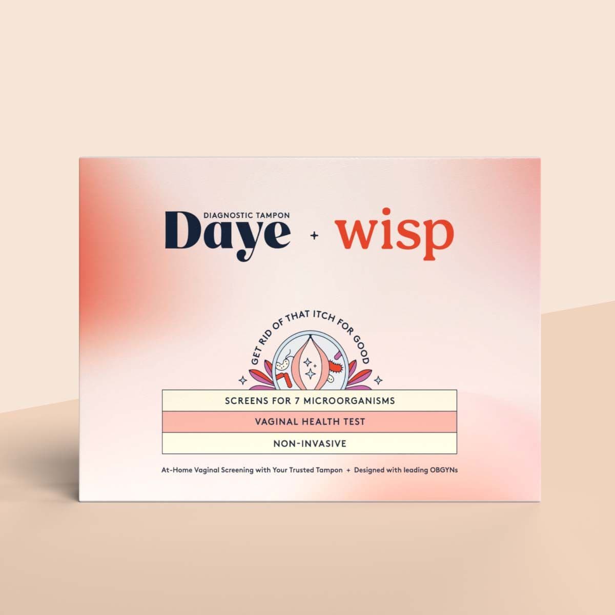 Daye x Wisp vaginal screening kit on a cream surface