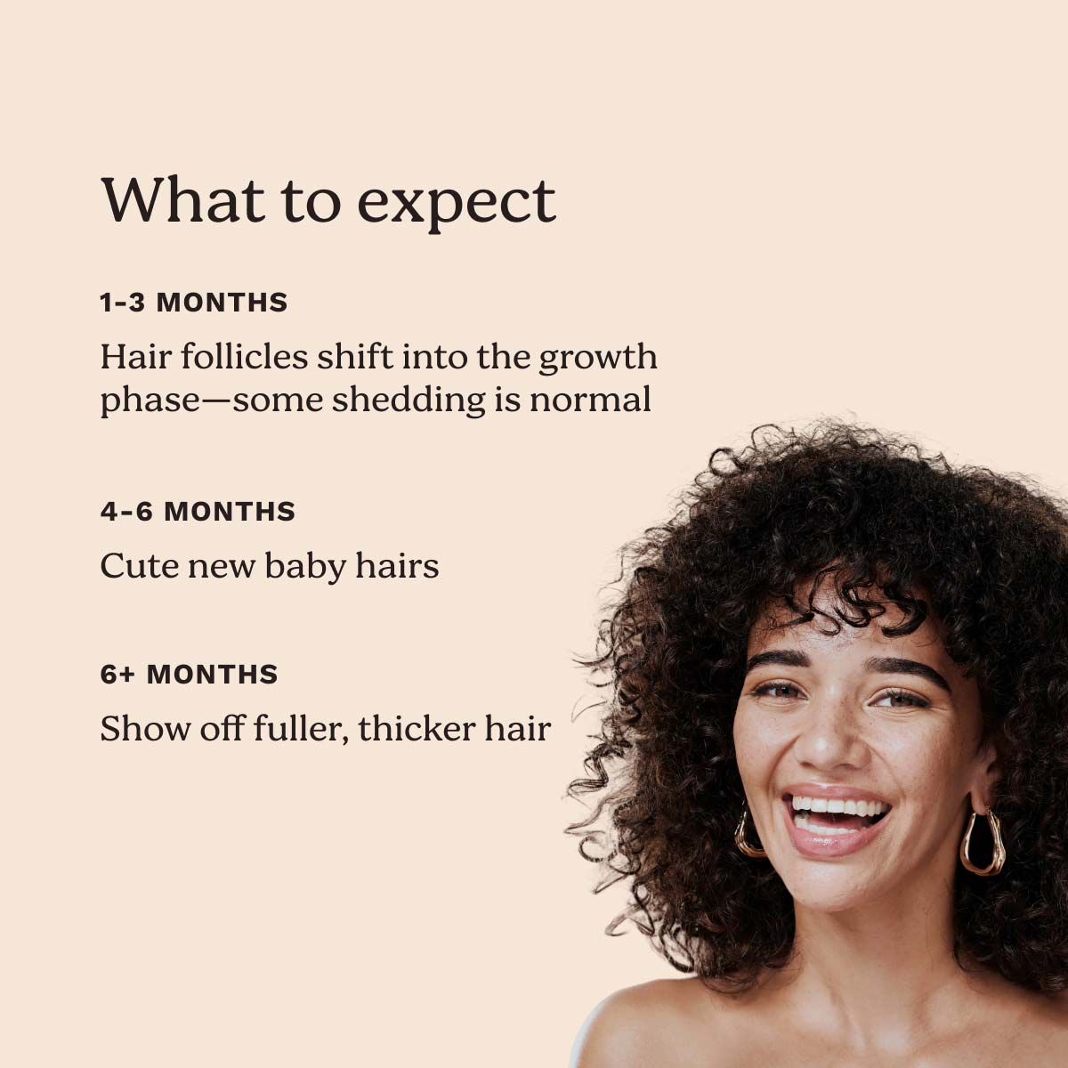 A smiling woman with thick curly hair with a cream background and information about hair growth with continued use of minoxidil