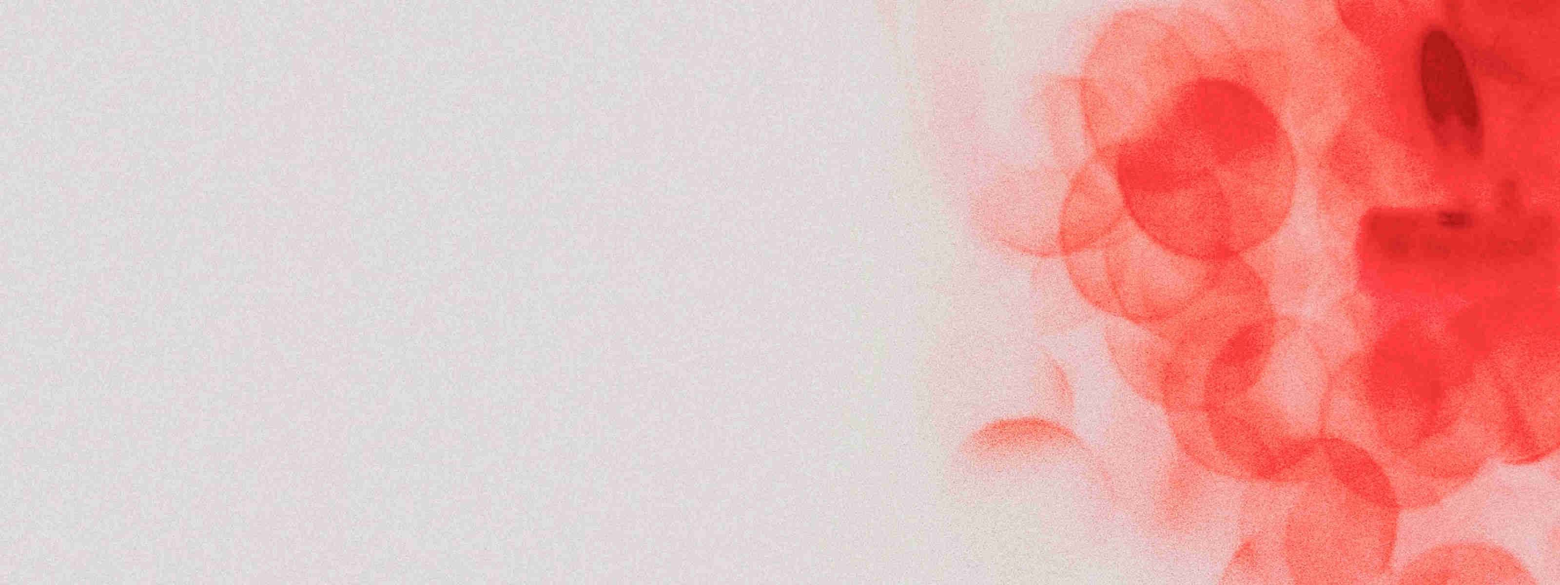Abstract grainy texture of overlapping translucent red circles clustered on the right, fading into a pale off-white background.