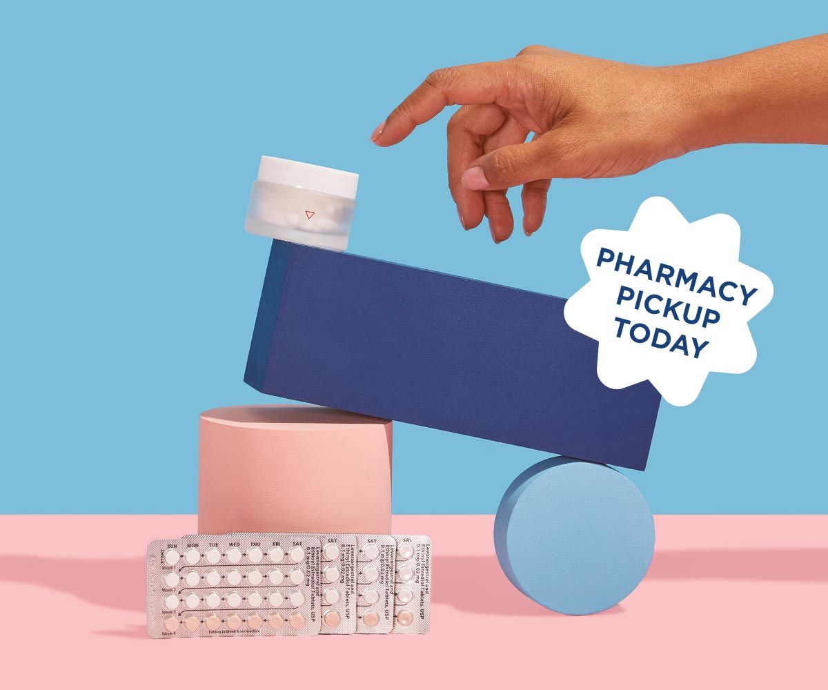 A Wisp glass pill jar and 4 birth control packets are balanced on colorful abstract shapes on a pink surface with a blue background