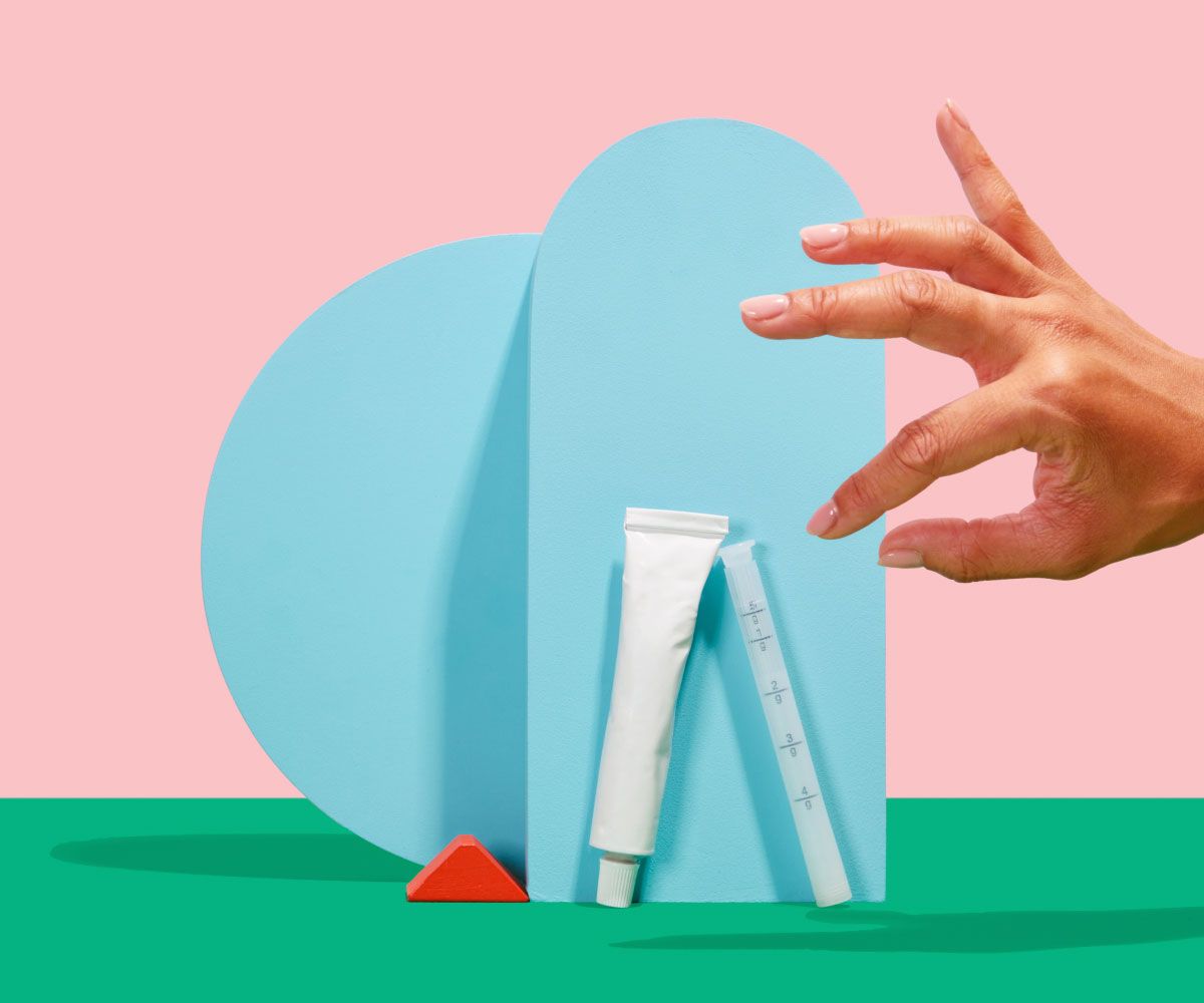 a woman's hand reaches for Wisp vaginal dryness treatment on a colorful geometric background