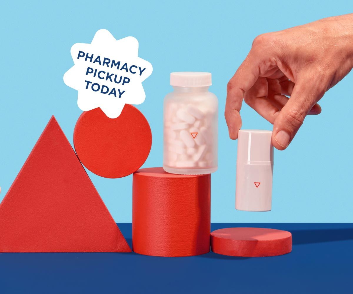 a man's hand reaches for Wisp prescription Genital Herpes treatment and prevention on a blue and red geometric background