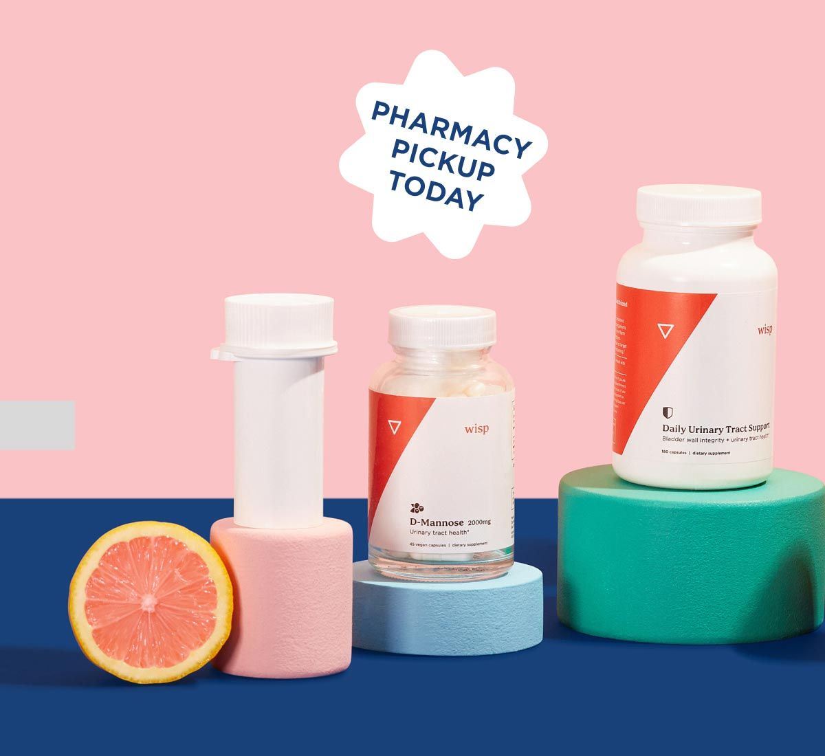 Wisp prescription UTI treatment and prevention on a pink and blue background