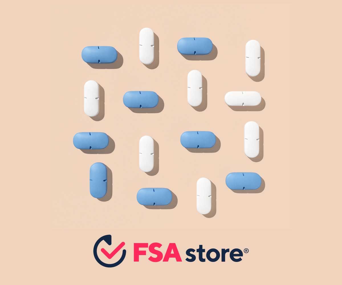 Blue and white pills on cream surface with the FSA Store logo