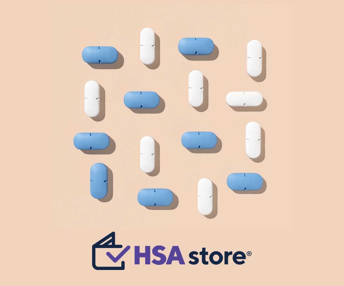 Blue and white pills on cream surface with the HSA Store logo