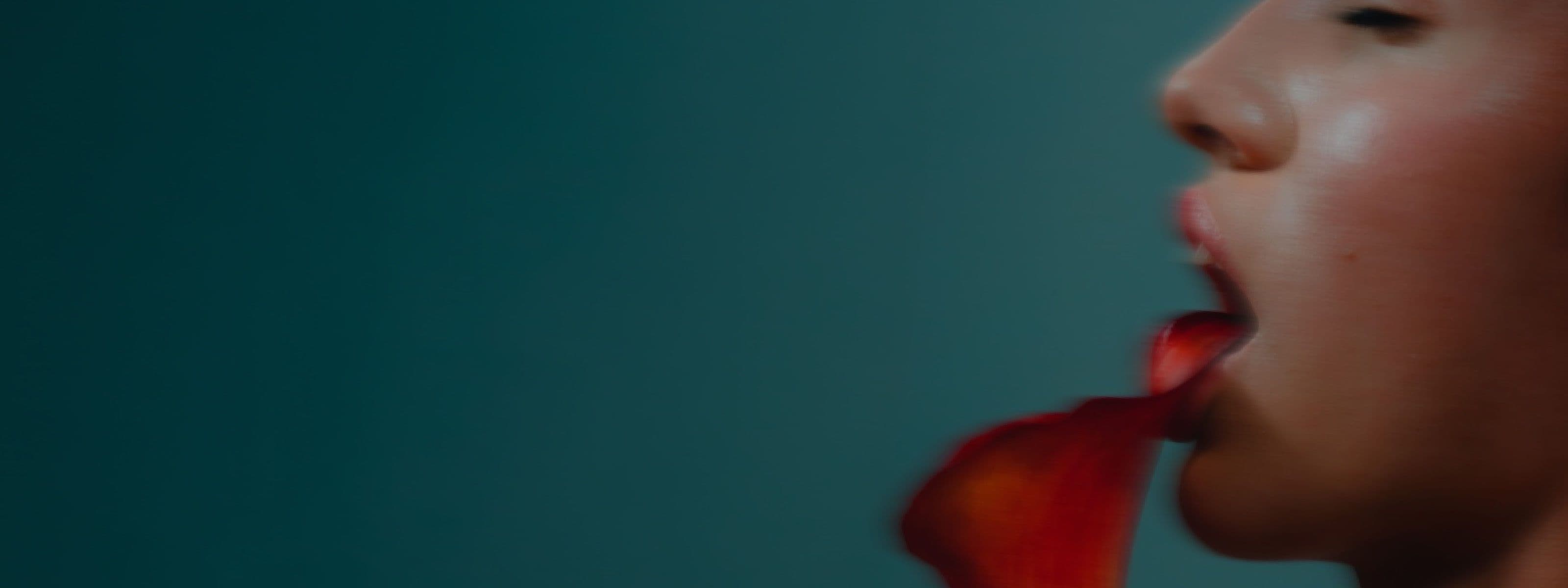 Side profile of a person with tongue out, a red petal resting on it, against a teal background.