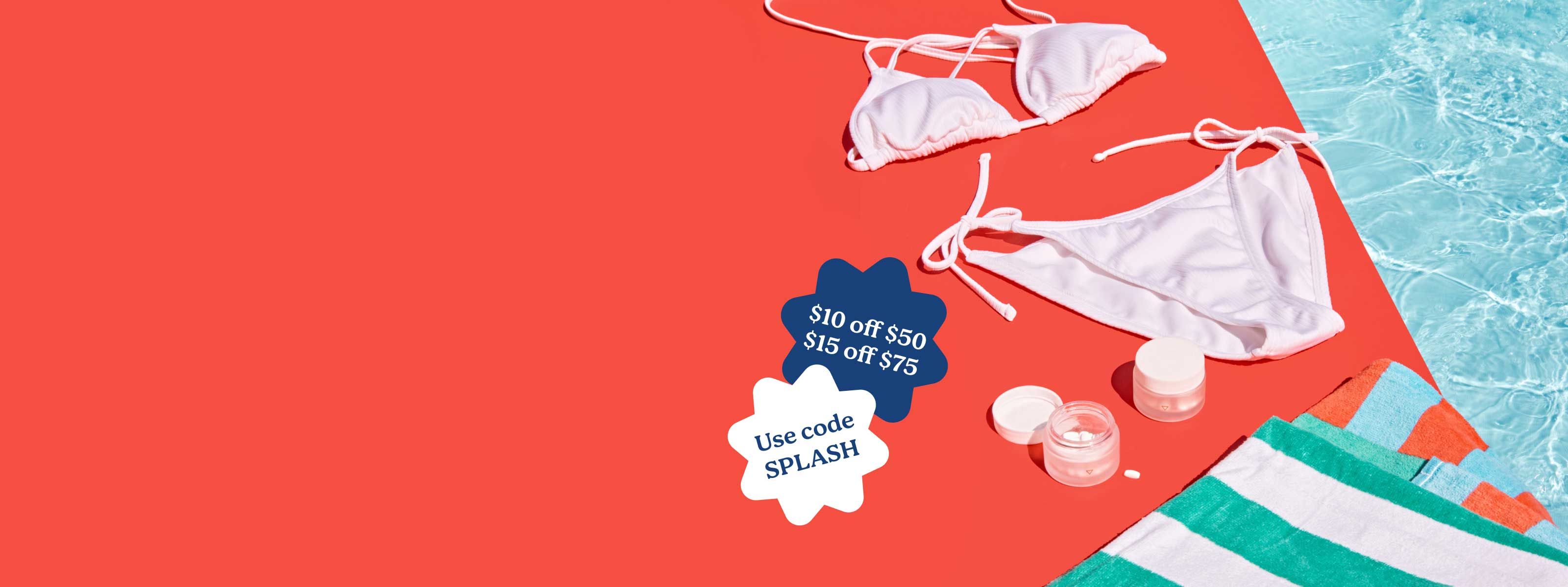 A white bikini, striped towels, and Wisp medications sitting on a red surface next to a pool