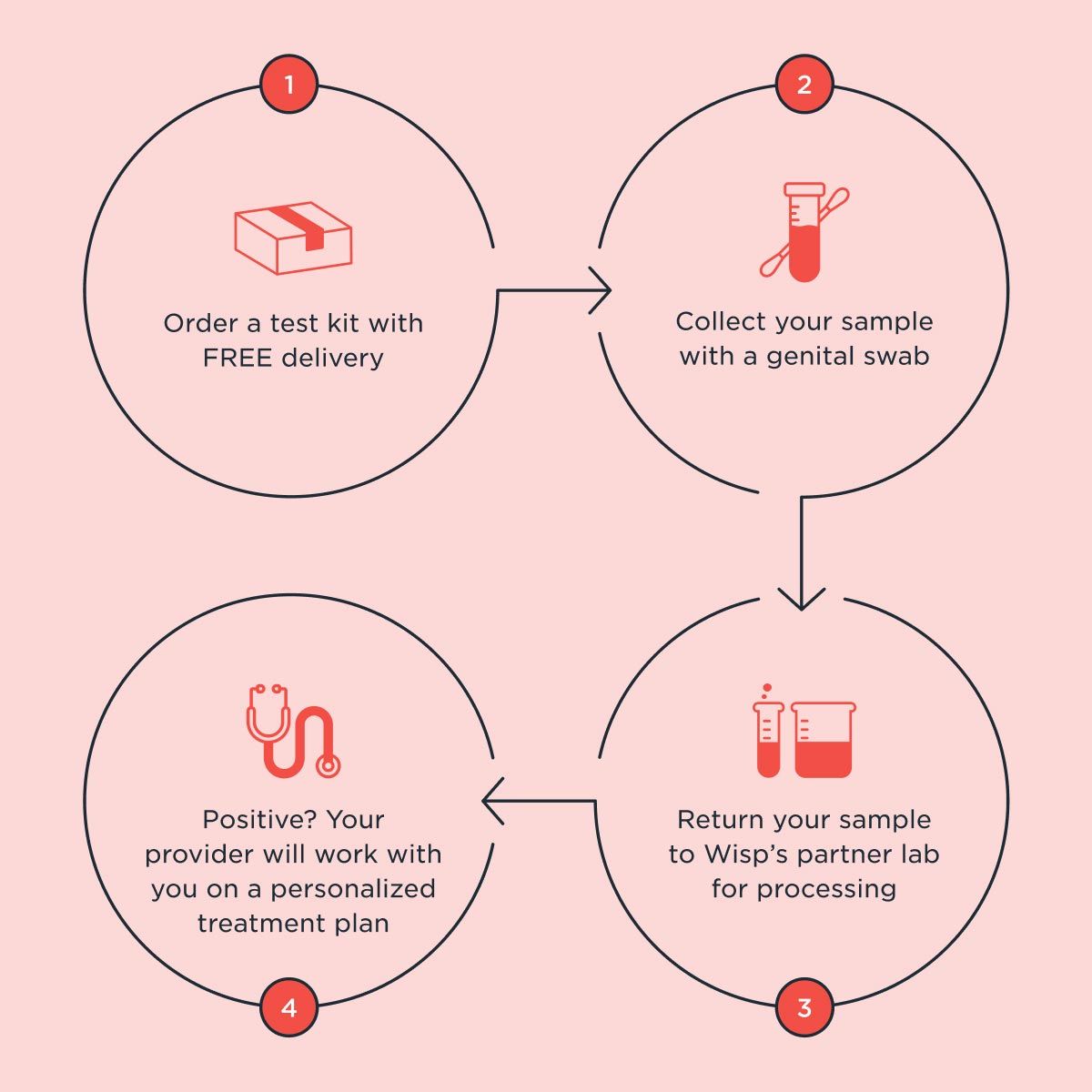 a graphic with illustrations and instructions explaining the steps in order a testing kit and submitting it for analysis