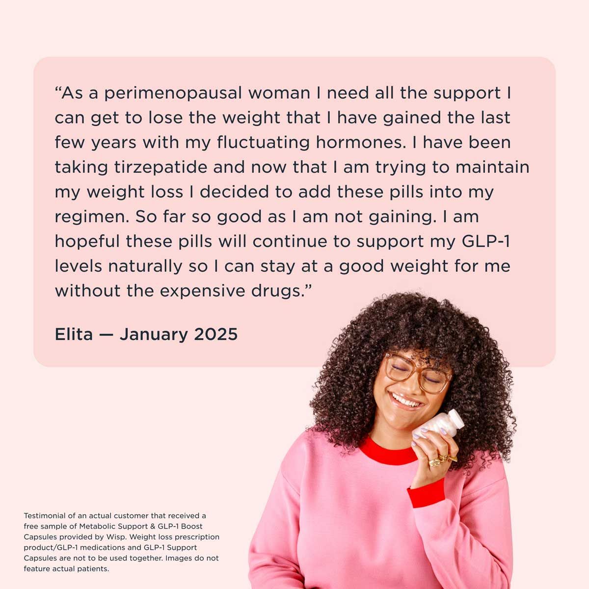 A woman wearing a pink and red sweater is smiling and holding a Wisp glass pill jar with a patient review on a light pink background