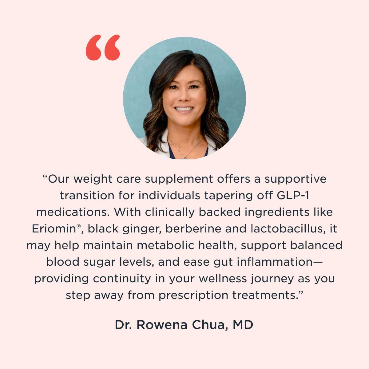 A graphic with a quote from Dr. Rowena Chua, MD on Wisp's weight care offering