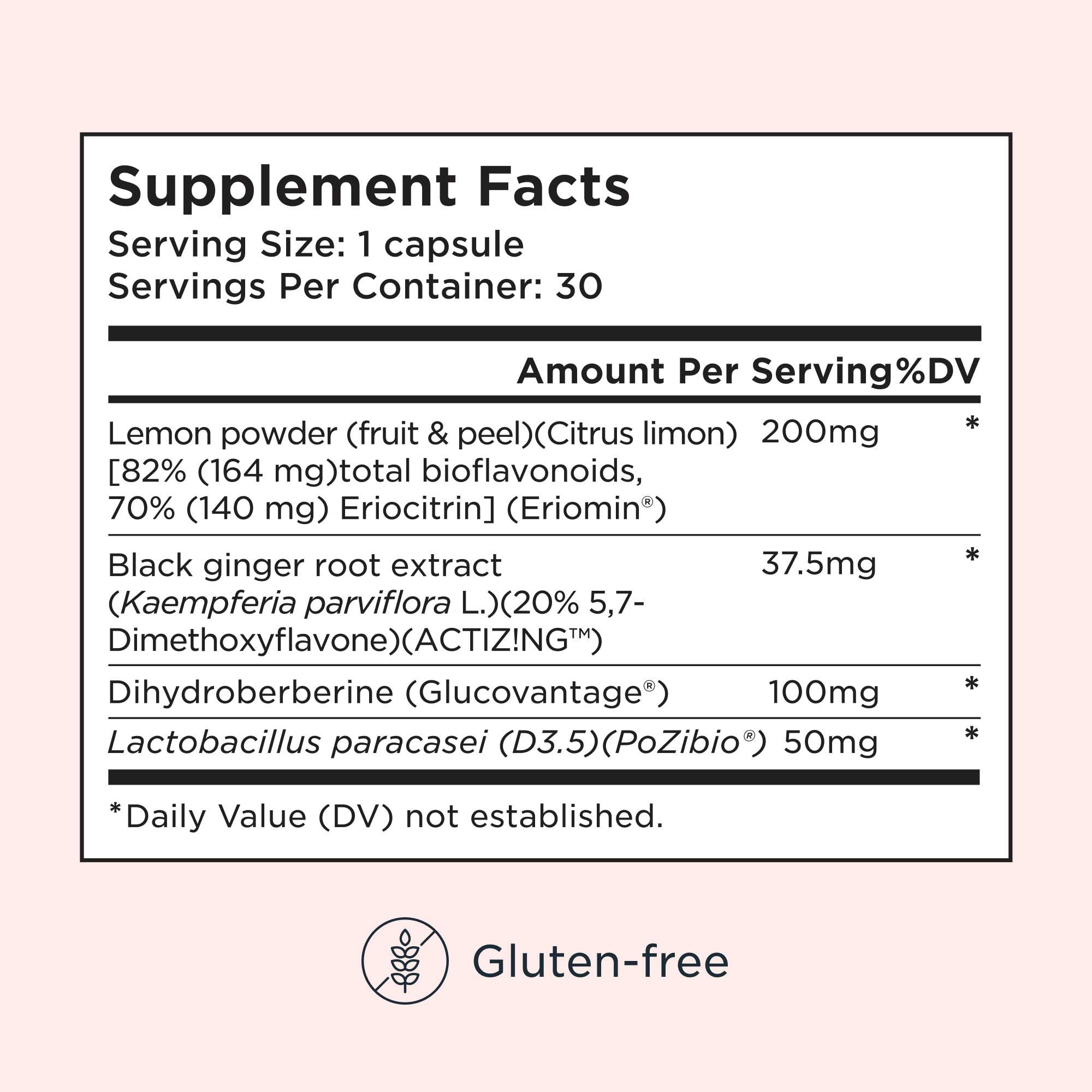 The nutrition panel for Wisp Metabolic Support & GLP-1 Boost supplement on a pink background