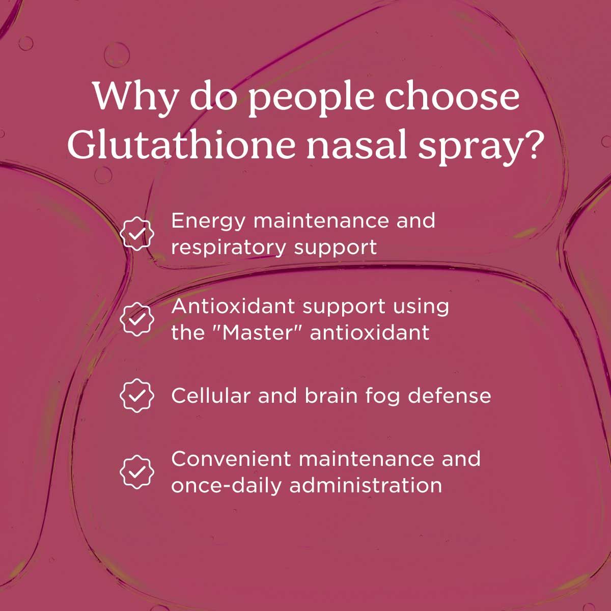 A burgundy science background with information about Glutathione nasal spray