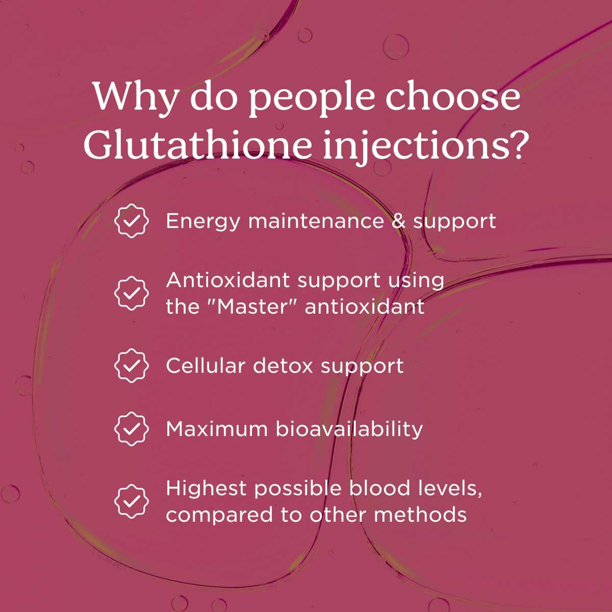 A burgundy background with information about Glutathione injections listed