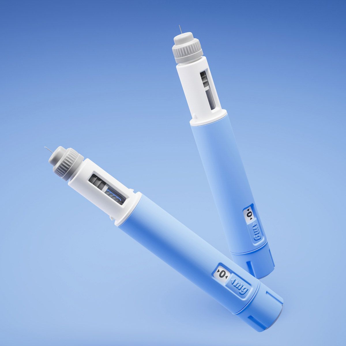two ozempic injectors on a blue background