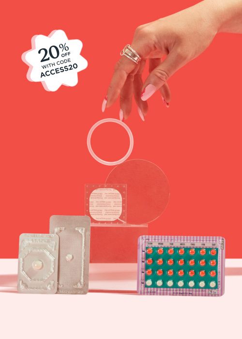 20% off birth control sale messaging with birth control options in front of a red background