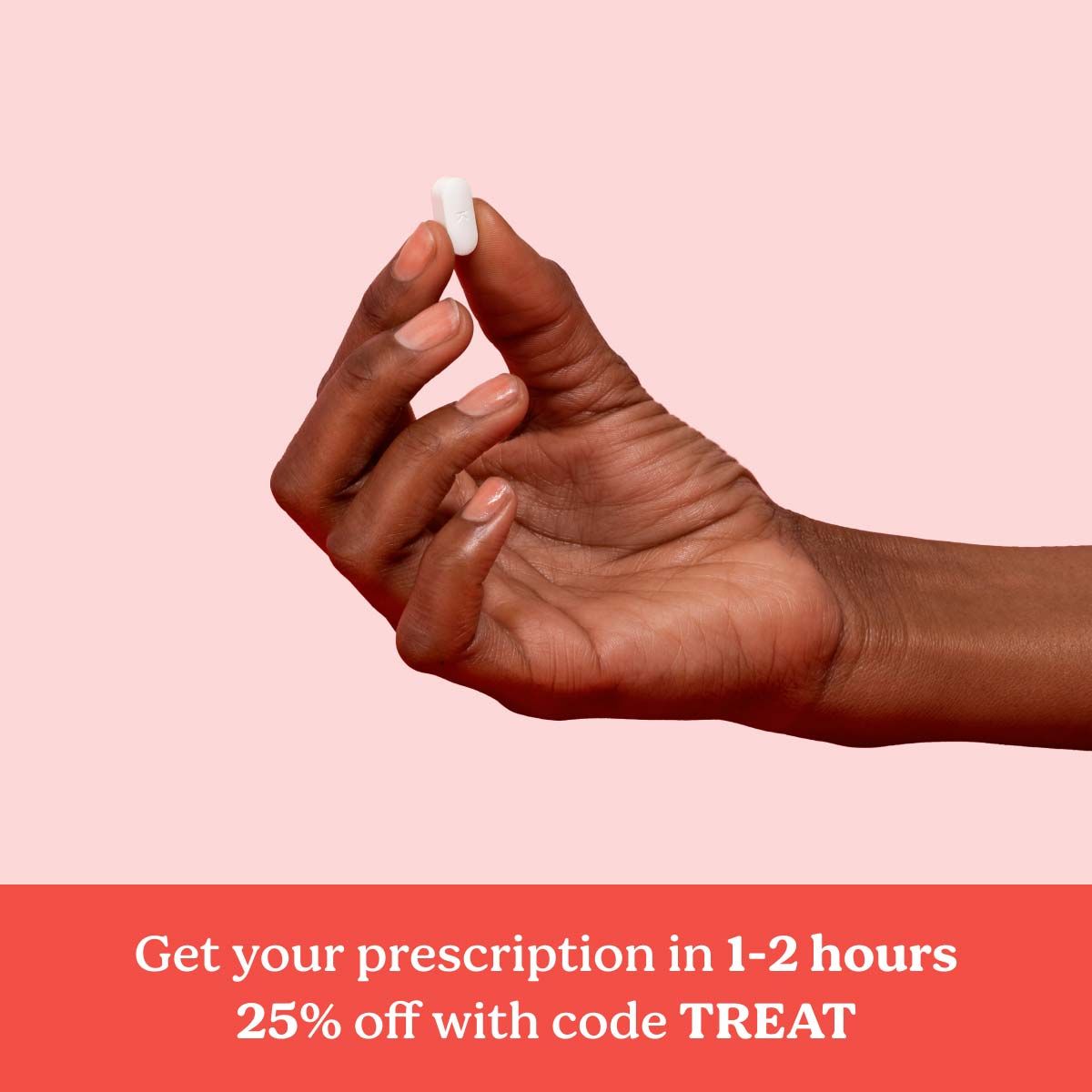 a hand holding BV treatment on a pink background above text that says Get your prescription in 1-2 hours, 25% off with code TREAT