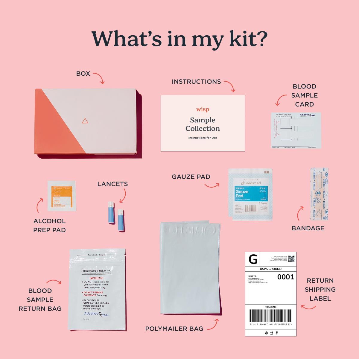 a diagram showing every item in the Wisp at-home blood testing kits