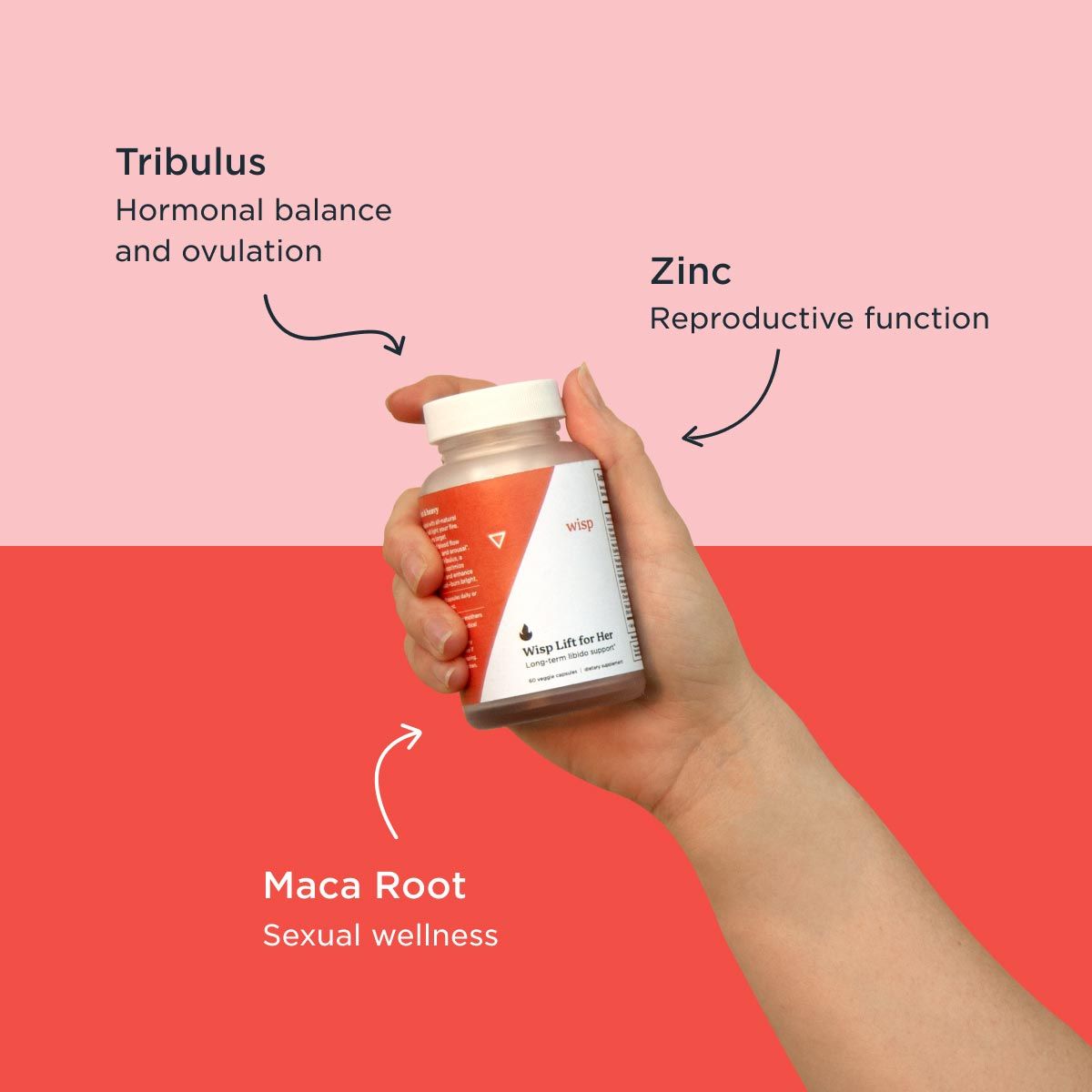 A woman's hand holding a bottle of Wisp Lift for Her with ingredient callouts