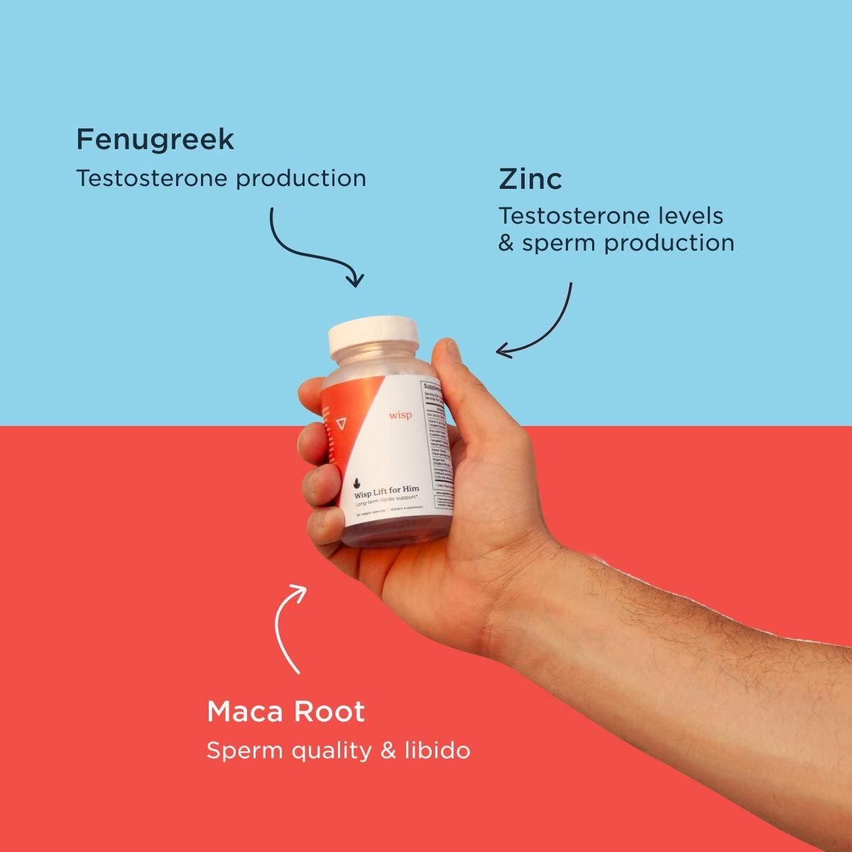A man's hand holding a bottle of Wisp Lift for Him with ingredient callouts