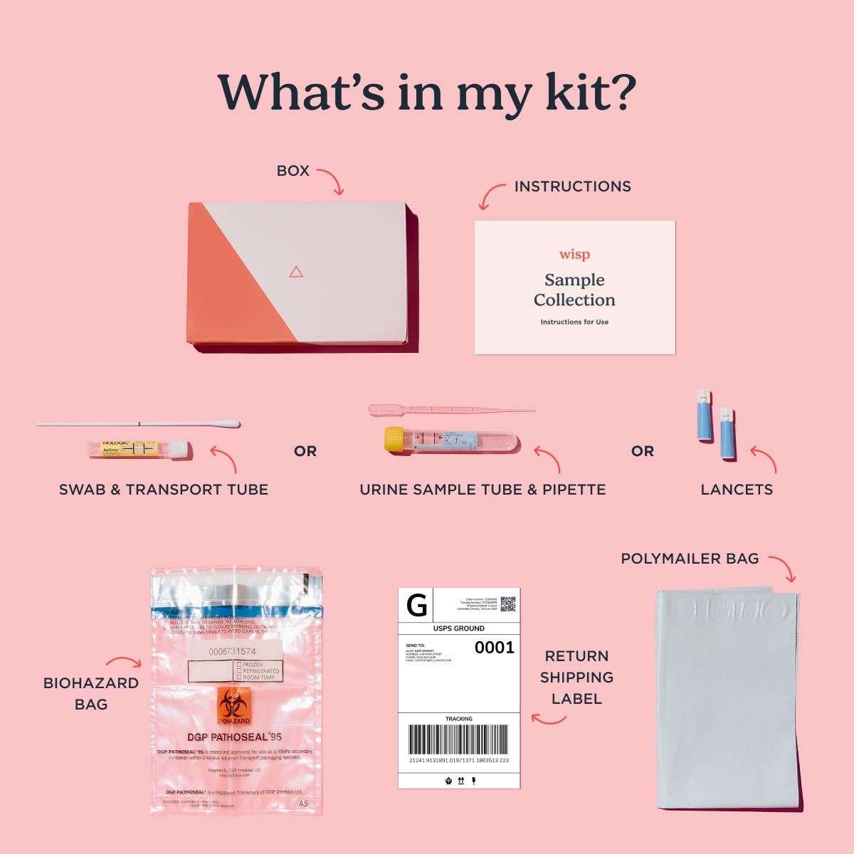 a diagram showing every item in the Wisp at-home testing kits