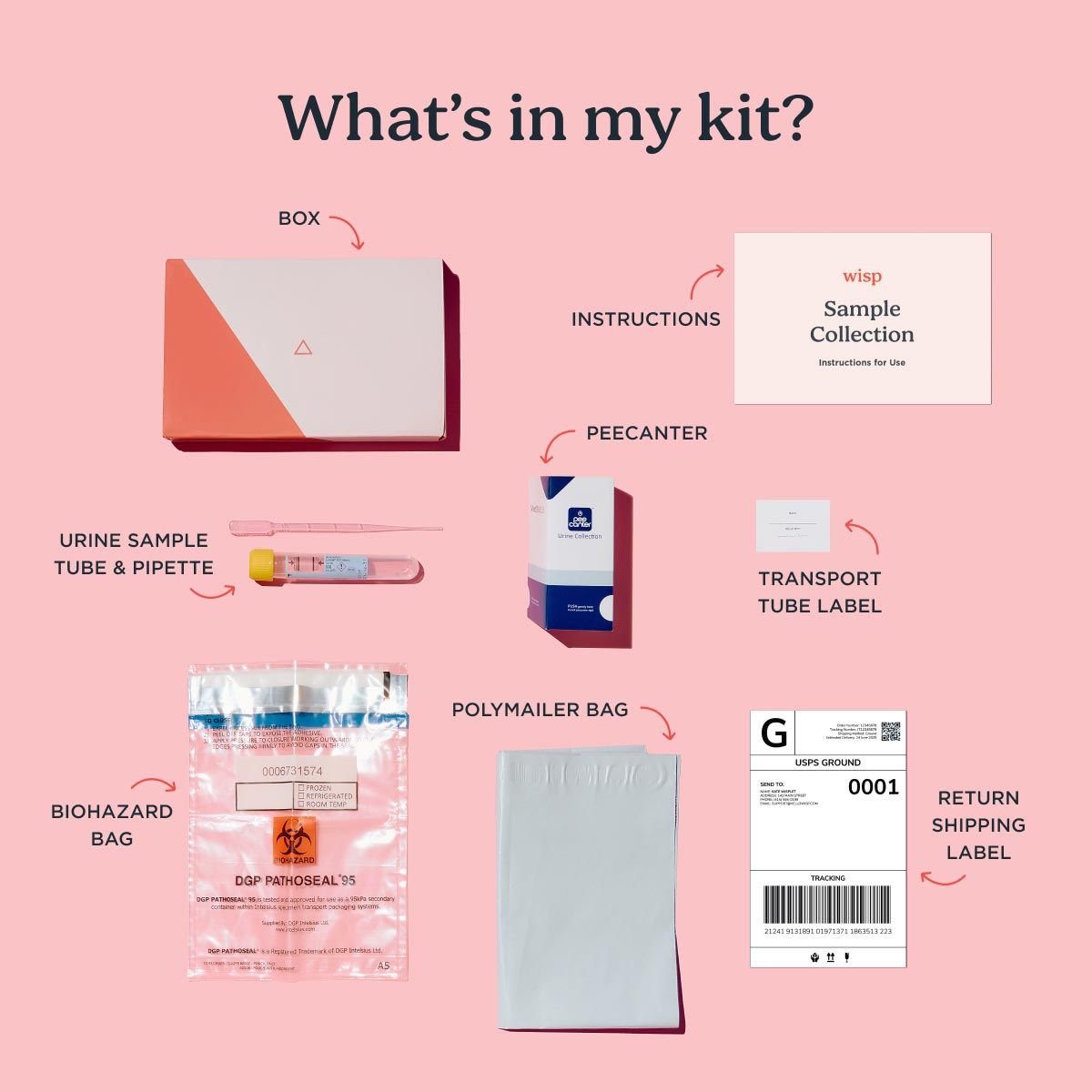 a diagram showing every item in the Wisp at-home urine testing kits