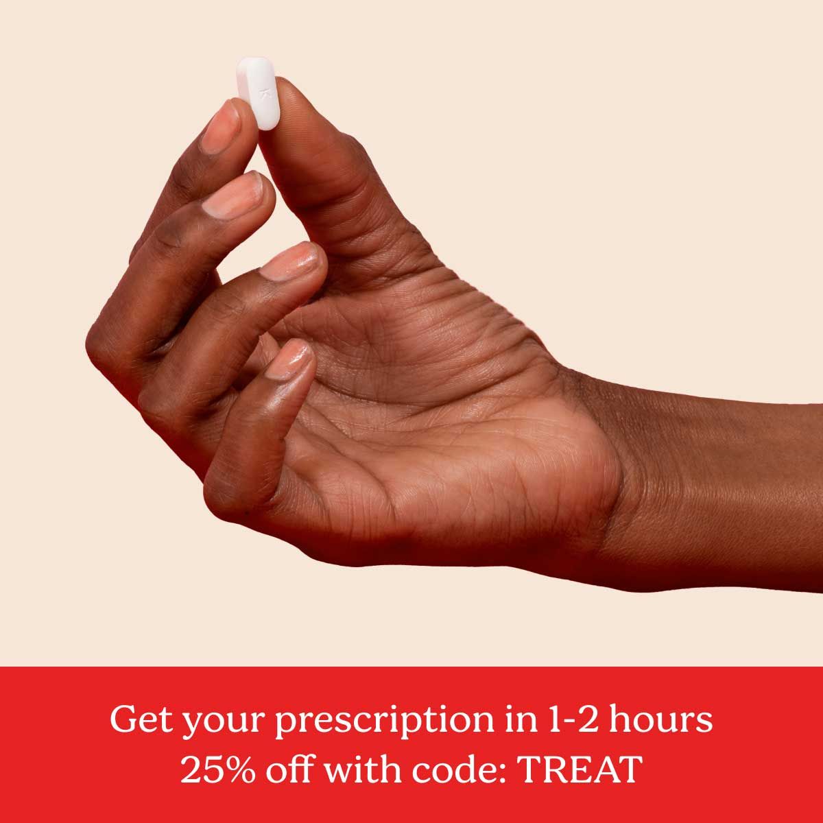 a hand holding BV treatment on a cream background above text that says Get your prescription in 1-2 hours, 25% off with code TREAT