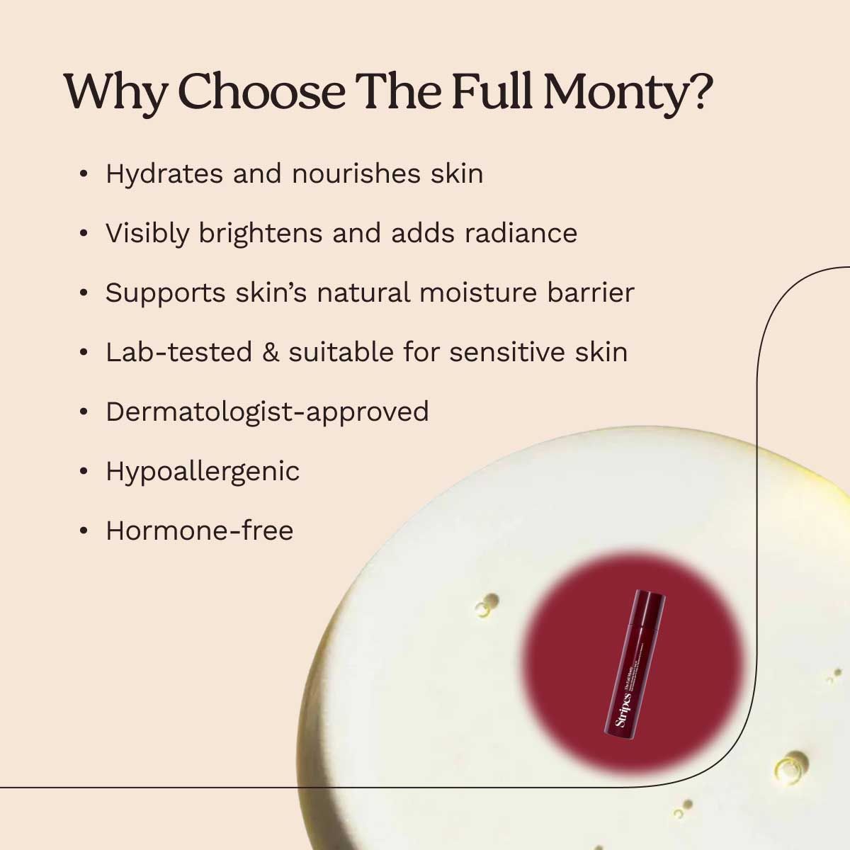 Benefits of using The Full Monty by Stripes Beauty with an image of the bottle and a product texture swatch