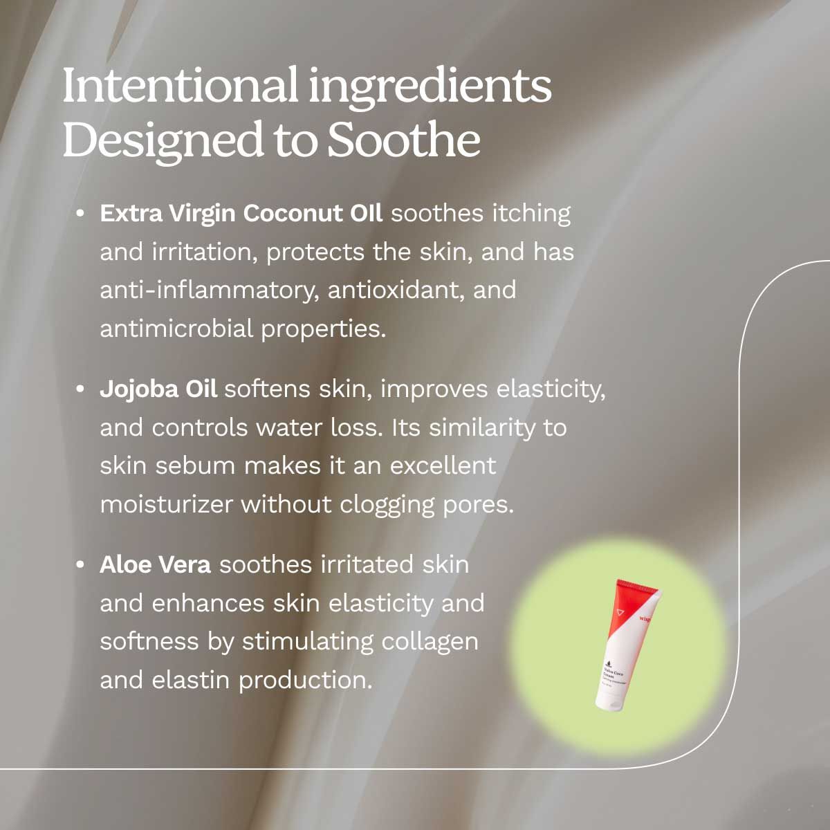 A graphic with a cream texture background highlighting 3 of the main ingredients for Vulva Coco Cream - coconut, jojoba oil, and aloe vera