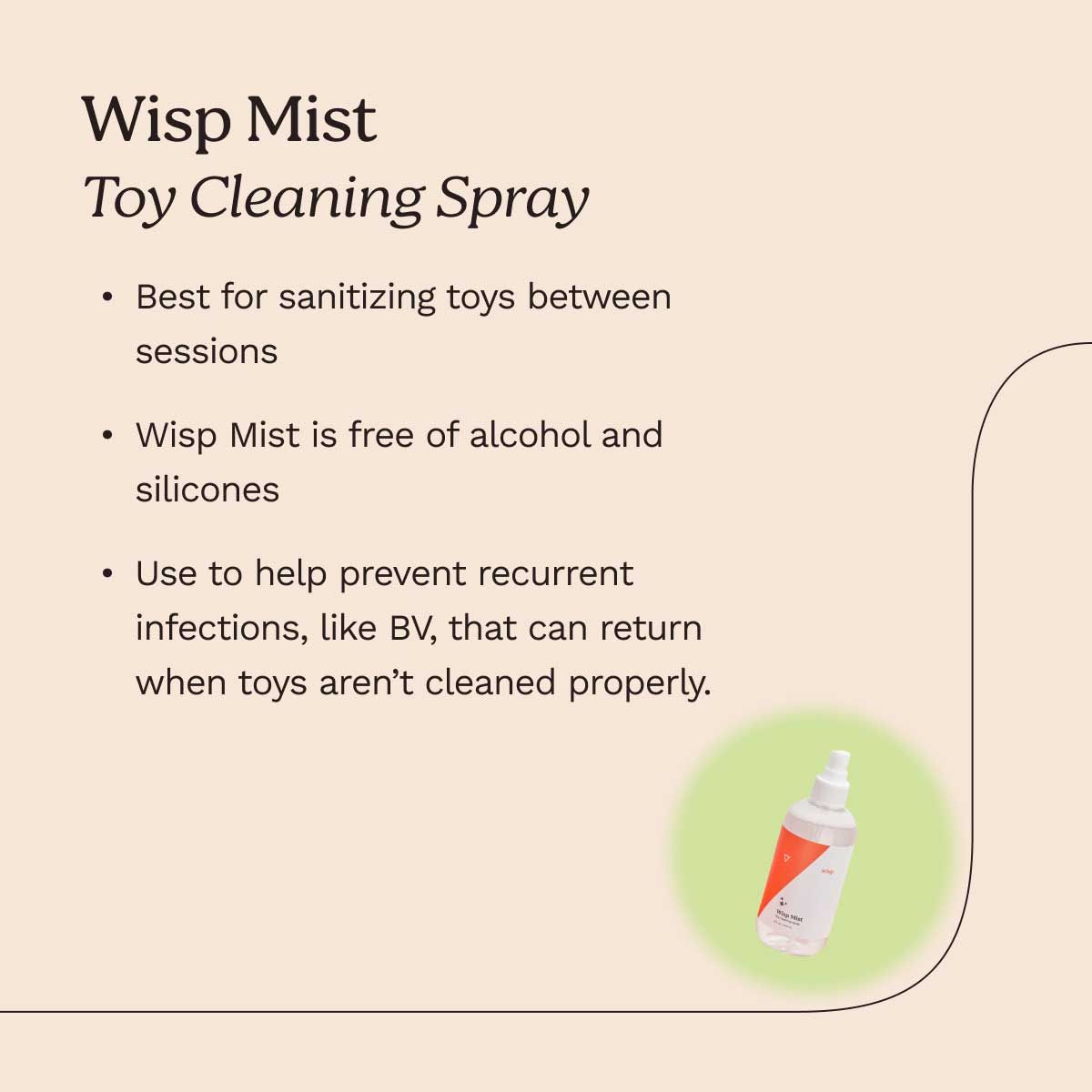 Graphic calling out the benefits of Wisp Mist Toy Cleaning Spray