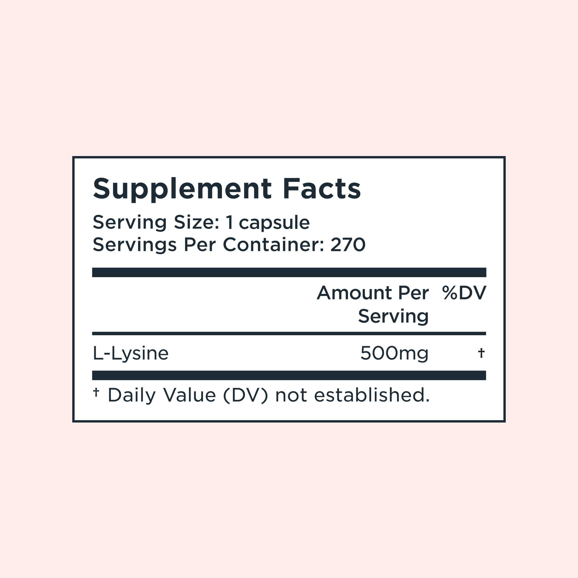 Supplement Facts for L-Lysine on a light pink background