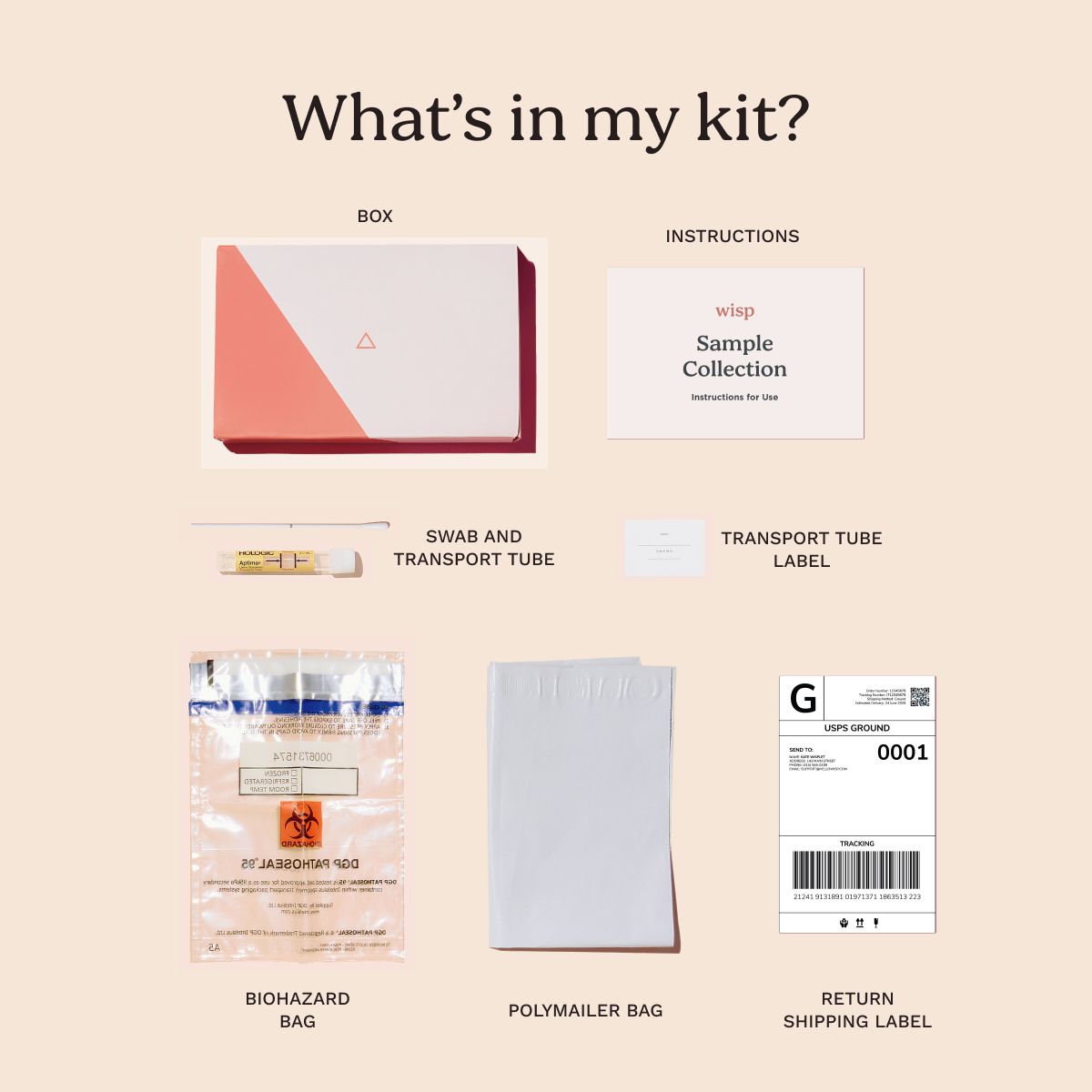 a diagram showing every item in the Wisp at-home swab testing kits
