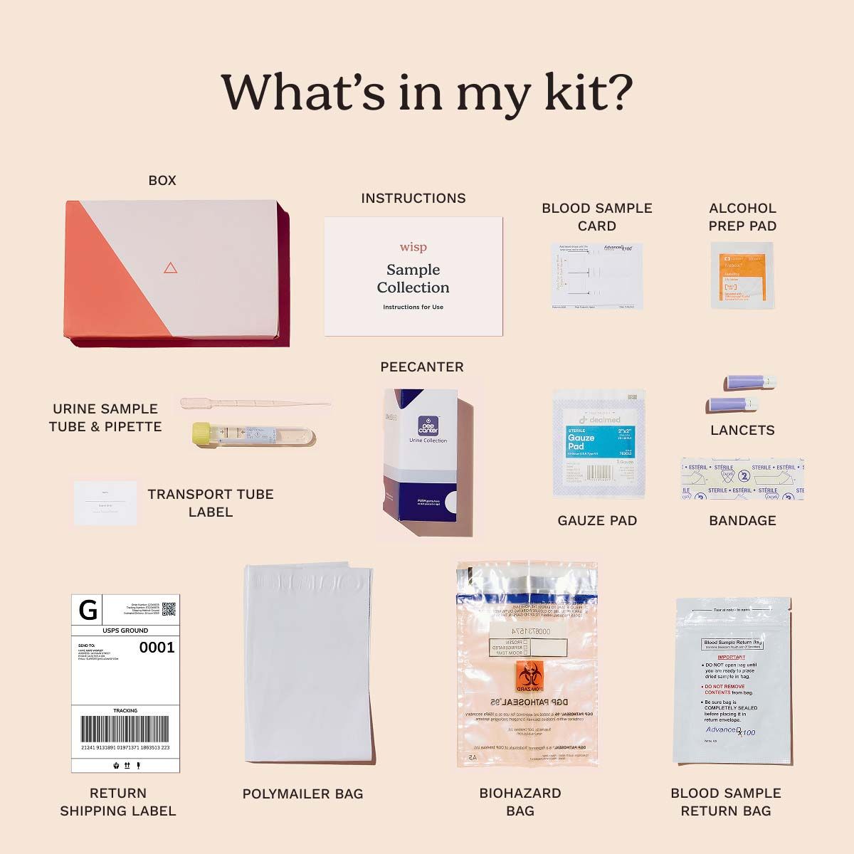 A diagram showing every item in the Wisp at-home testing kits