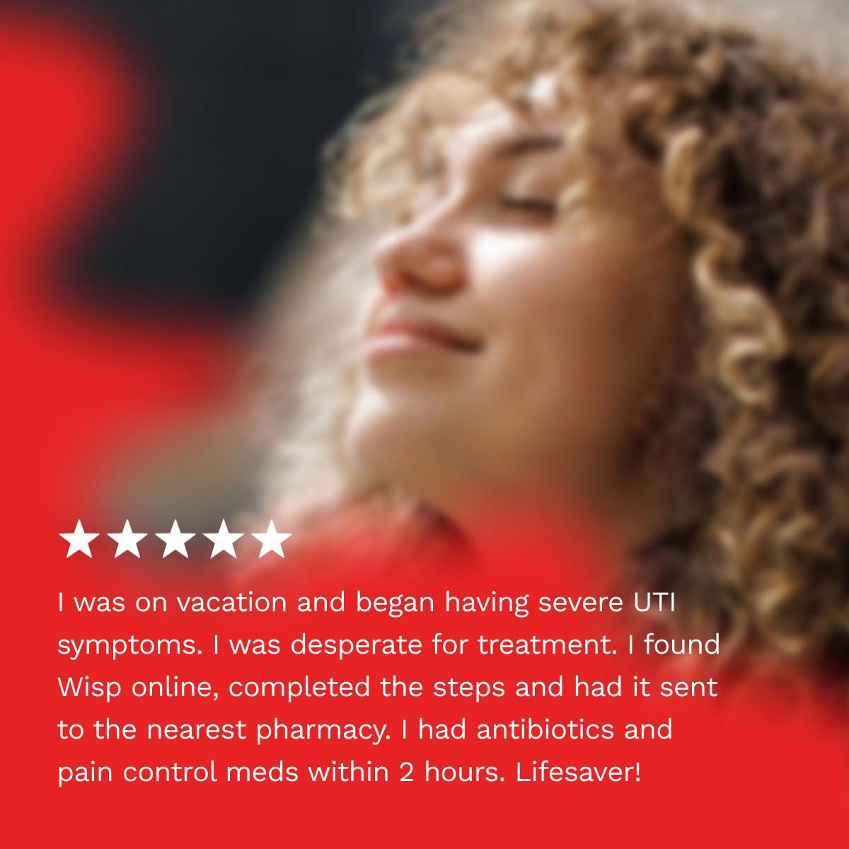 5 star customer review for UTI treatment with colorful product photography in the background